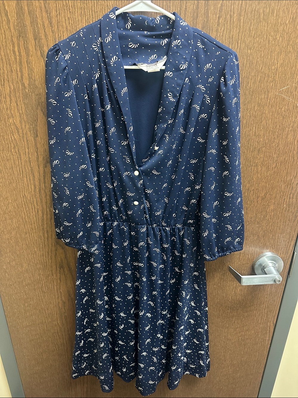 Navy Printed Long-Sleeve V-Neck Dress